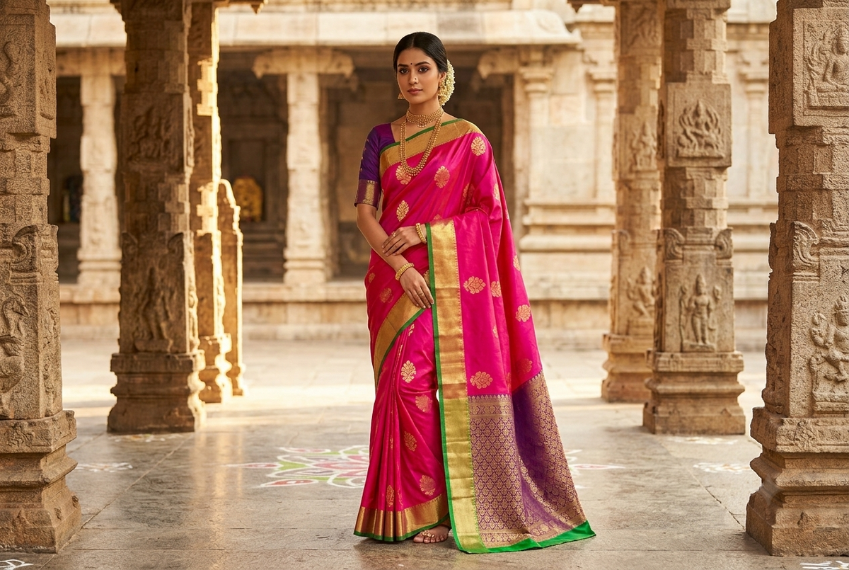 Vibrant Rani Pink & Deep Purple Kanjivaram Silk Sari with Gold Zari Floral Buttis & Emerald Green Accent Border