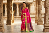 Vibrant Rani Pink & Deep Purple Kanjivaram Silk Sari with Gold Zari Floral Buttis & Emerald Green Accent Border
