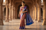 Stunning Pinkish-Brown & Royal Blue Kanjivaram Silk Sari with Gold Motifs & Contrasting Border