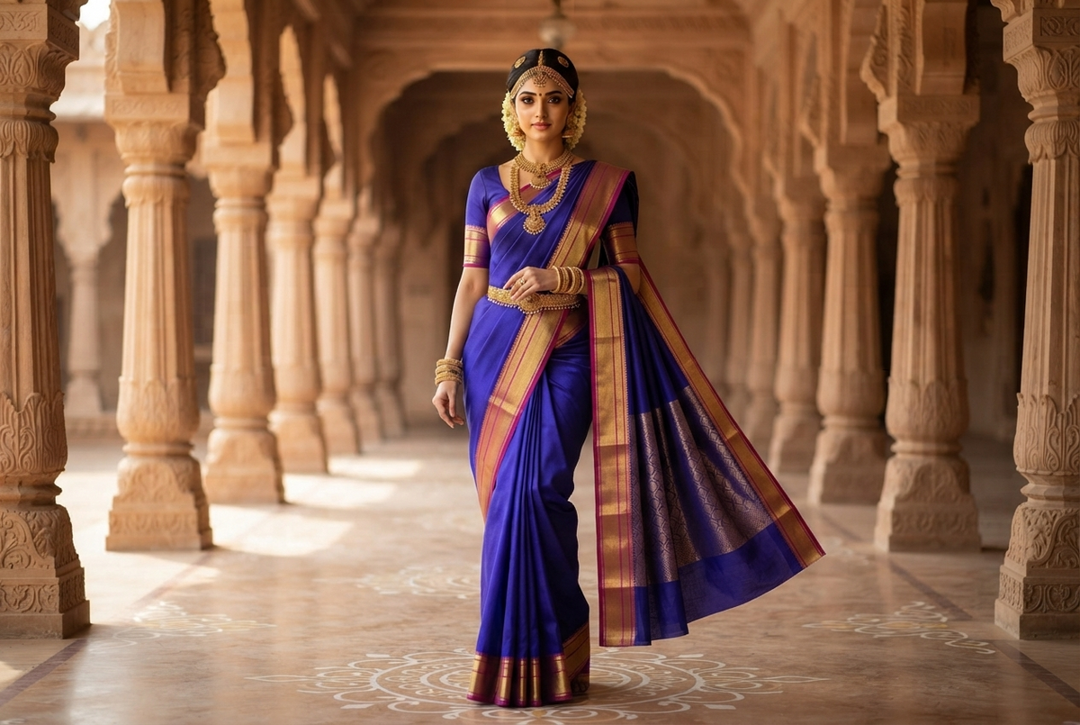 Regal Royal Blue Kanjivaram Silk Sari with Striped Border & Brocade Pallu