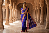 Regal Royal Blue Kanjivaram Silk Sari with Striped Border & Brocade Pallu