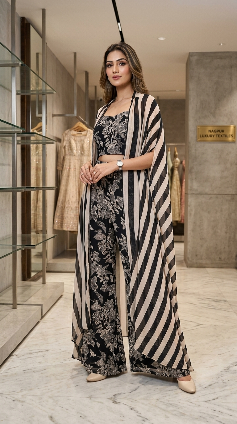 Monochrome Floral Print Co-ord Set with Striped Layered Cape Shrug