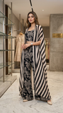 Monochrome Floral Print Co-ord Set with Striped Layered Cape Shrug