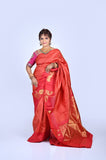 Crimson Red & Gold Zari Kanjeevaram Silk Saree with Peacock Border