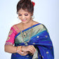 Royal Blue & Emerald Green Kanjivaram Pure Silk Saree with Floral Buttism & Gold Zari Lattice Border