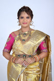 Amber Gold Tissue Kanjivaram Pure Silk Saree with Silver-Gold Zari Floral Jaal Brocade
