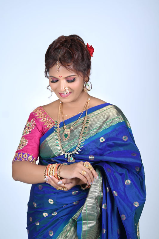 Royal Blue & Emerald Green Kanjivaram Pure Silk Saree with Floral Buttism & Gold Zari Lattice Border