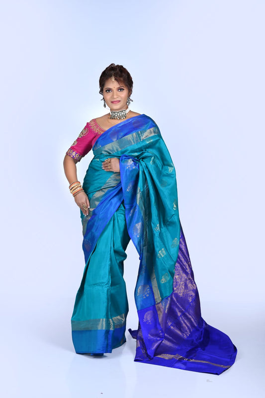 Peacock Blue & Royal Purple Silk Saree with Zari Buttas & Contrast Border
