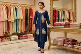 Midnight Navy Blue Silk Kurta Set with Pearl Placket & Floral Zari Embroidery