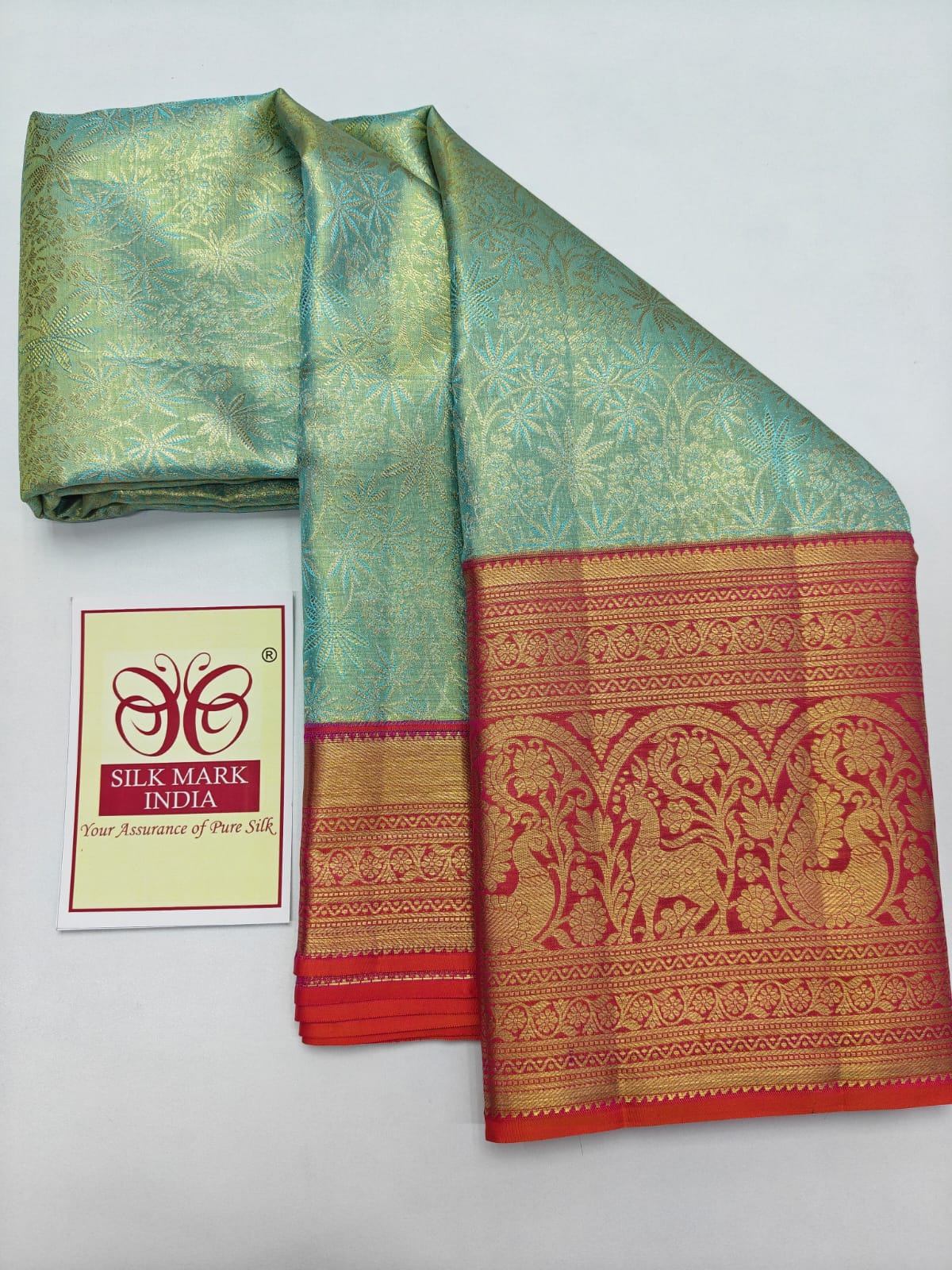 Silk Mark Certified Sea Green Tissue & Orchid Pink Kanjivaram Pure Silk Saree with Floral Jaal & Peacock Border