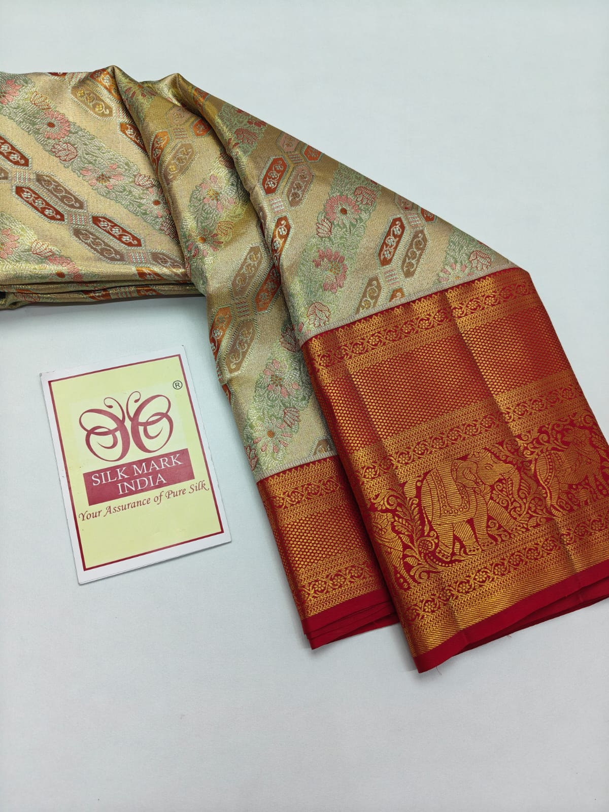 Silk Mark Certified Amber Gold Tissue & Crimson Red Kanjivaram Pure Silk Saree with Meenakari Medallions & Elephant Border