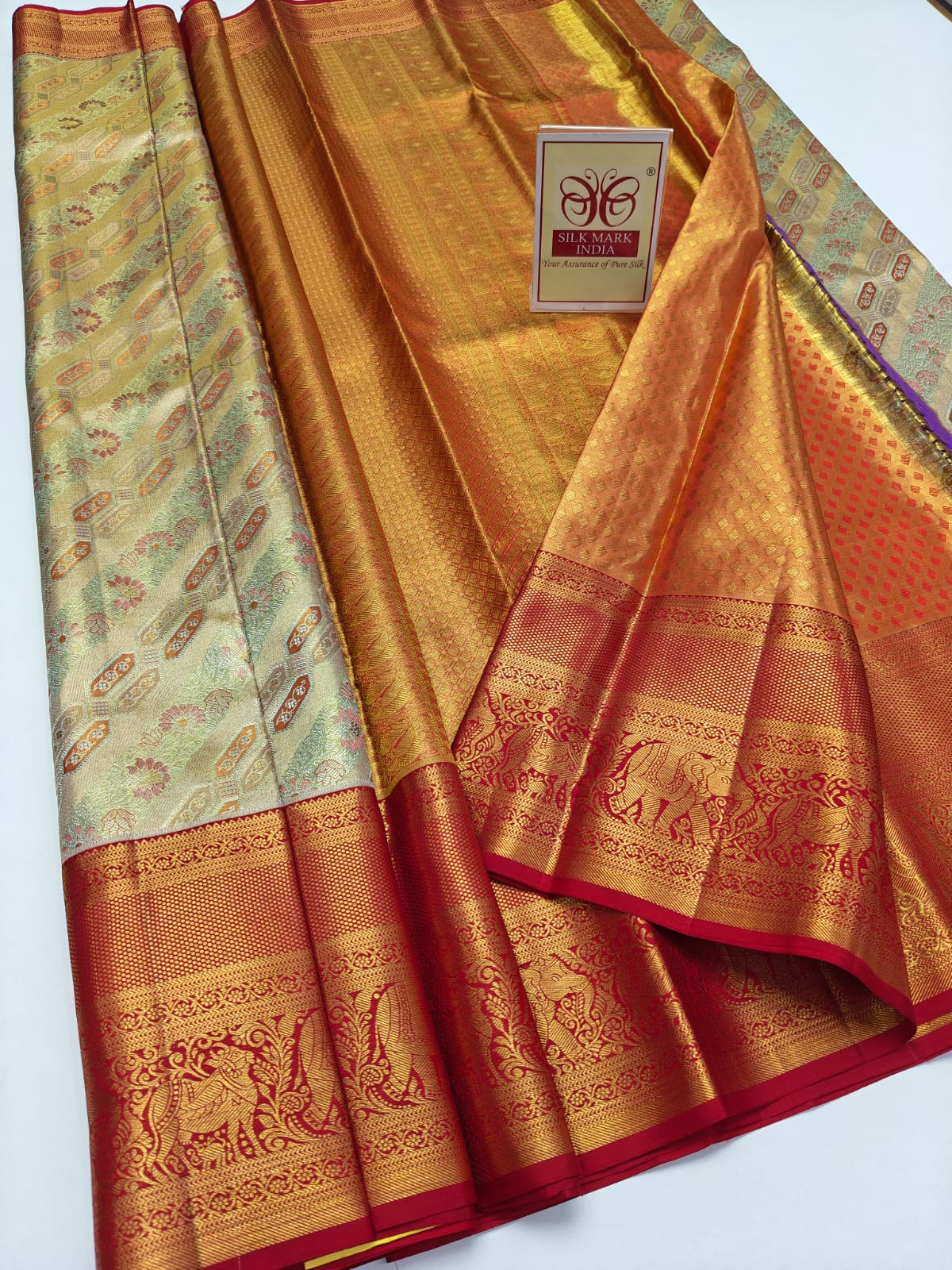 Silk Mark Certified Amber Gold Tissue & Crimson Red Kanjivaram Pure Silk Saree with Meenakari Medallions & Elephant Border