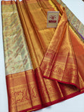 Silk Mark Certified Amber Gold Tissue & Crimson Red Kanjivaram Pure Silk Saree with Meenakari Medallions & Elephant Border