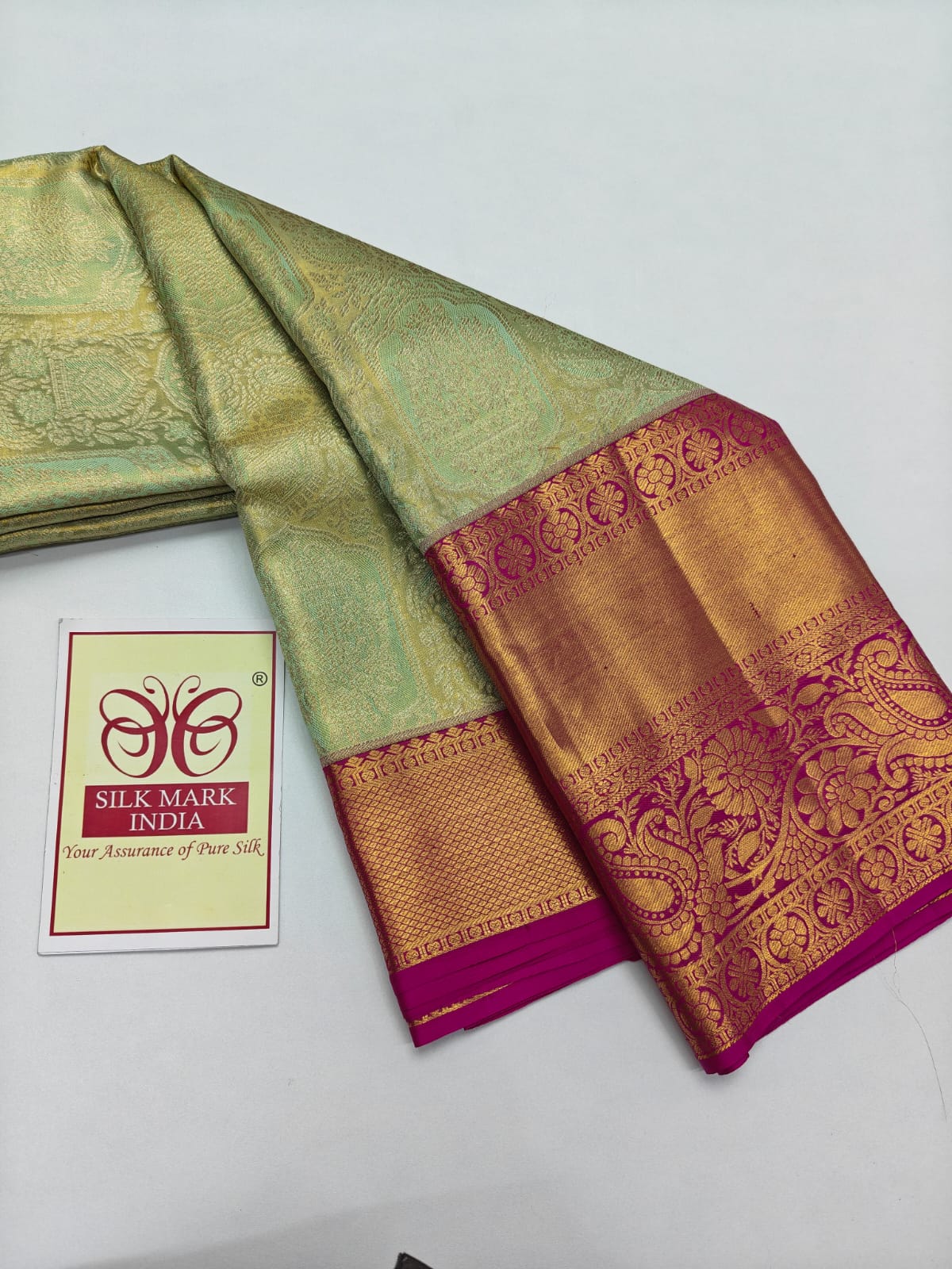 Silk Mark Certified Sea Green & Amber Gold Tissue Kanjivaram Pure Silk Saree with Magenta Meenakari Floral Jaal