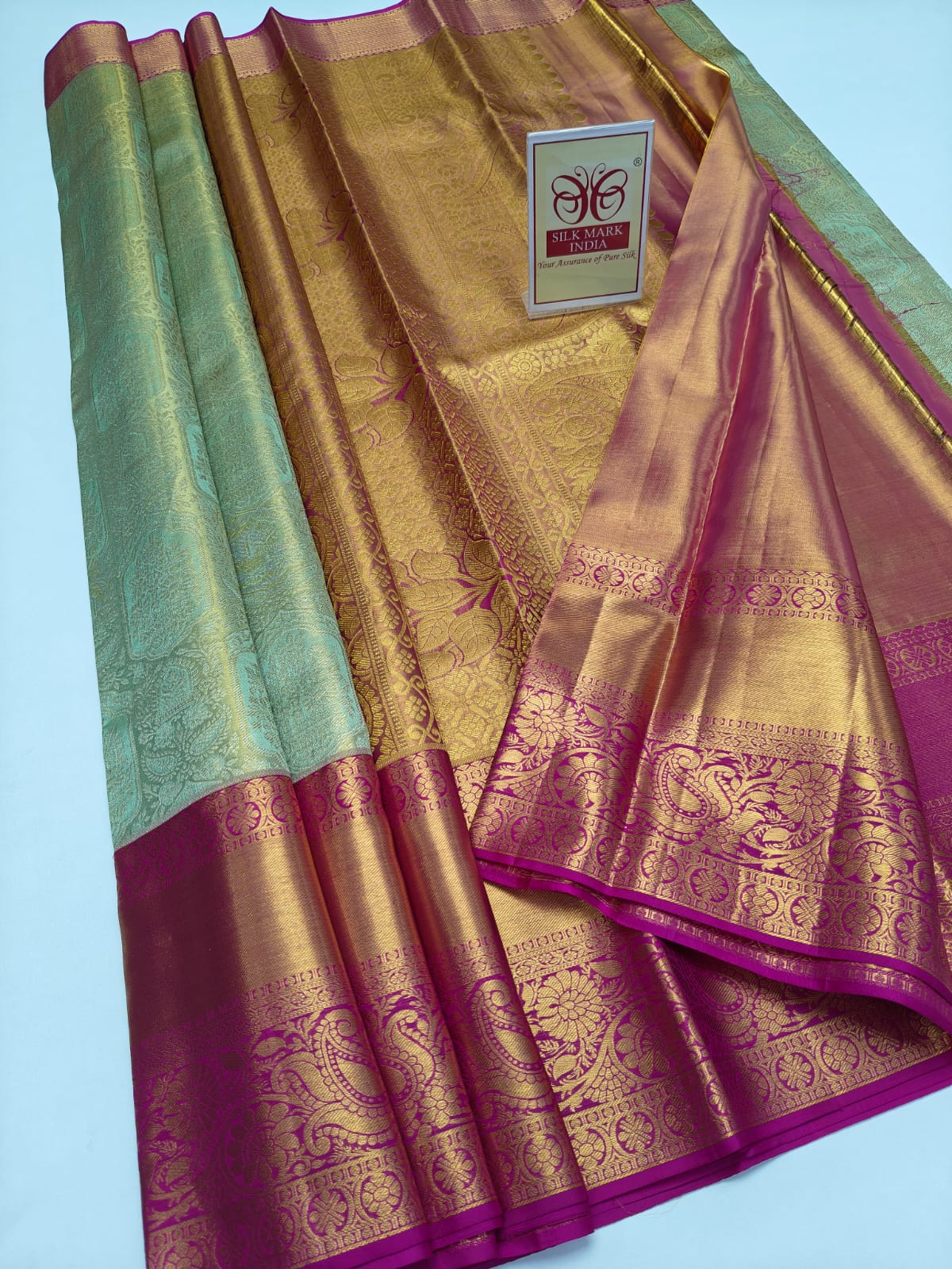 Silk Mark Certified Sea Green & Amber Gold Tissue Kanjivaram Pure Silk Saree with Magenta Meenakari Floral Jaal
