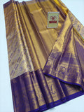 Silk Mark Certified Amber Gold Tissue & Royal Purple Kanjivaram Pure Silk Saree with Meenakari Medallions & Elephant Border
