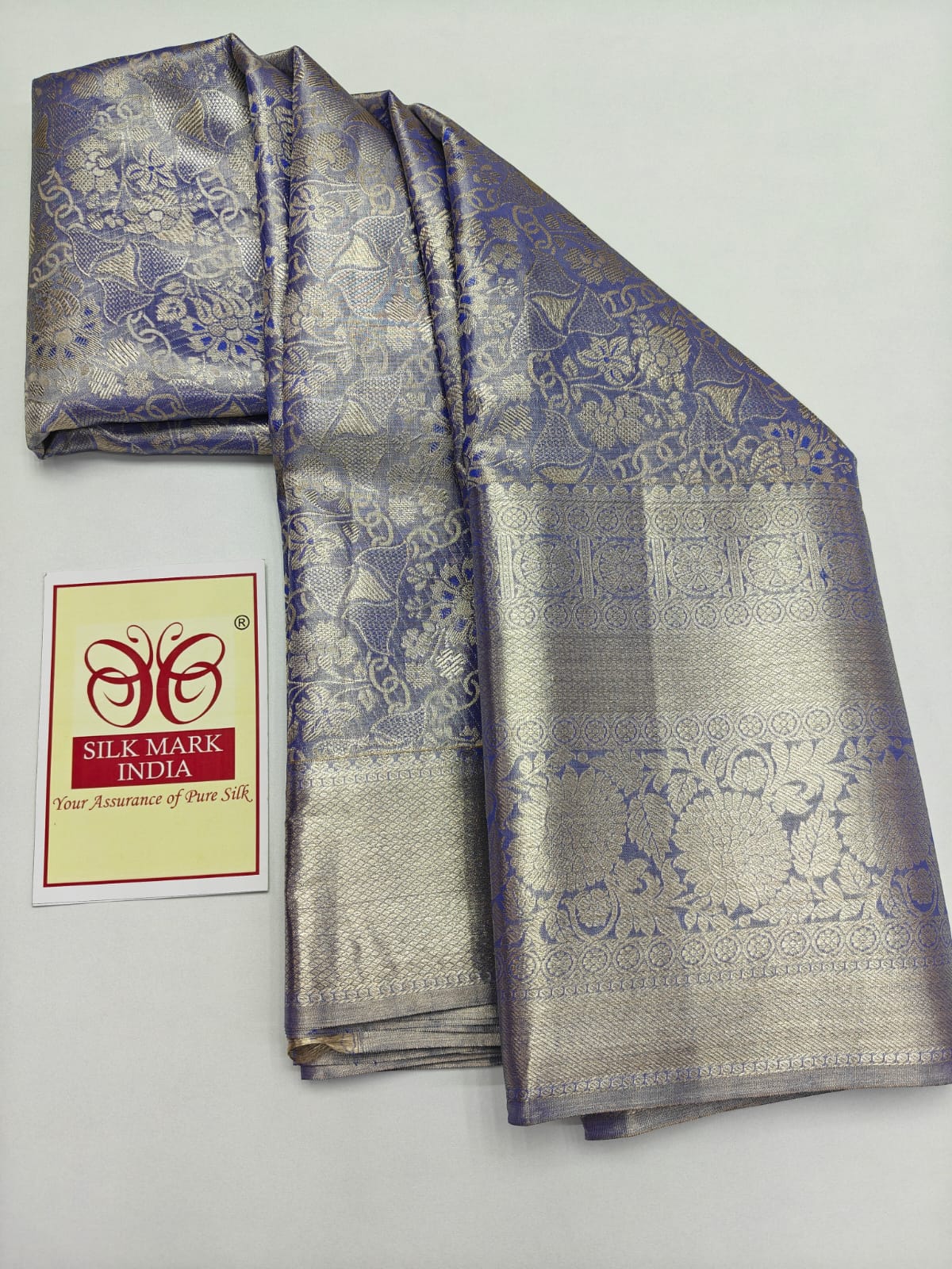Silk Mark Certified Periwinkle Blue & Platinum Gold Tissue Kanjivaram Pure Silk Saree with Floral Brocade