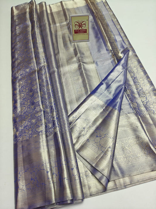 Silk Mark Certified Periwinkle Blue & Platinum Gold Tissue Kanjivaram Pure Silk Saree with Floral Brocade