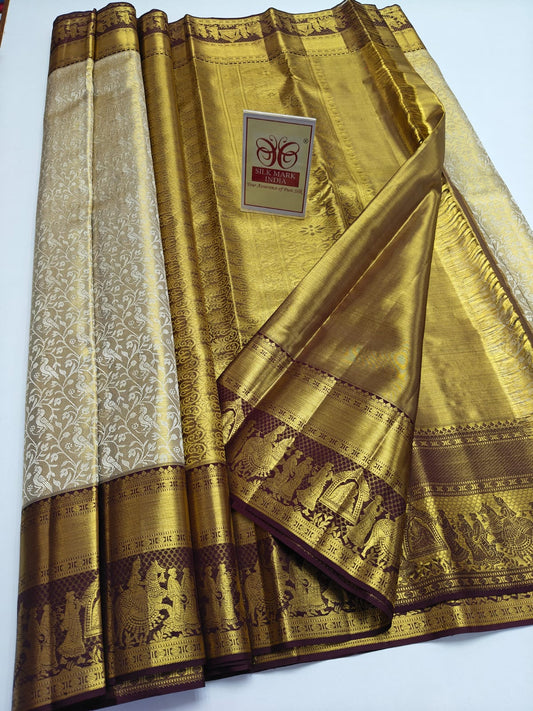 Silk Mark Certified Champagne Gold Tissue & Deep Maroon Kanjivaram Pure Silk Saree with Bird Jaal & Royal Procession Border