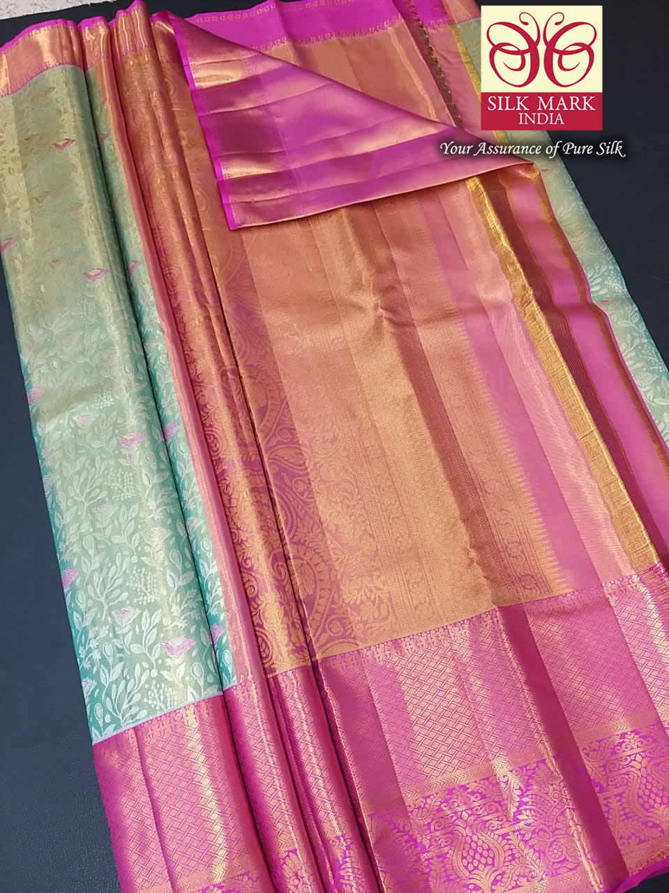 Silk Mark Certified Sea Green Tissue & Rose Pink Kanjivaram Pure Silk Saree with Meenakari Floral Jaal & Rani Pink Border