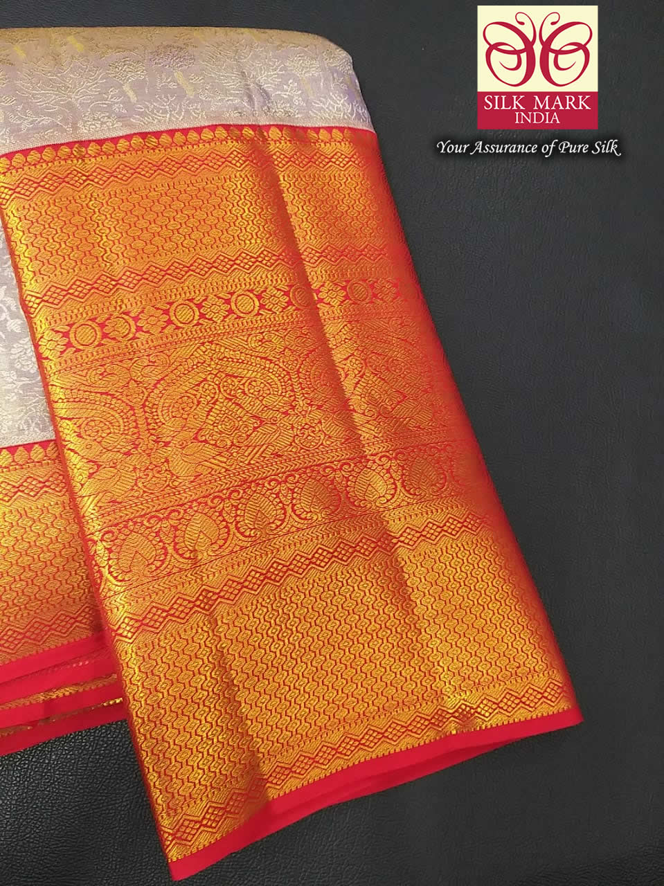 Silk Mark Certified Ice Blue & Amber Gold Tissue Kanjivaram Pure Silk Saree with Floral Brocade & Crimson Red Border