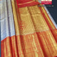 Silk Mark Certified Ice Blue & Amber Gold Tissue Kanjivaram Pure Silk Saree with Floral Brocade & Crimson Red Border