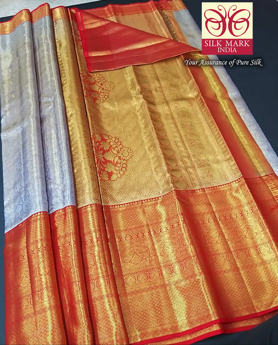 Silk Mark Certified Ice Blue & Amber Gold Tissue Kanjivaram Pure Silk Saree with Floral Brocade & Crimson Red Border