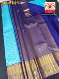 Silk Mark Certified Sky Blue & Royal Purple Kanjivaram Pure Silk Saree with Geometric Lattice & Gold Zari Pallu
