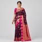 Deep Wine Plum & Rani Pink Kanjivaram Style Semi-Silk Saree with Gold Zari Floral Vines & Peacock Border
