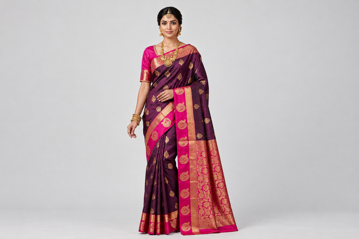 Deep Wine Plum & Rani Pink Kanjivaram Style Semi-Silk Saree with Gold Zari Floral Vines & Peacock Border