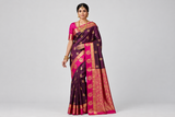 Deep Wine Plum & Rani Pink Kanjivaram Style Semi-Silk Saree with Gold Zari Floral Vines & Peacock Border