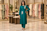 Peacock Teal Green Hand-Embellished Silk Kurta Set with Matching Trousers