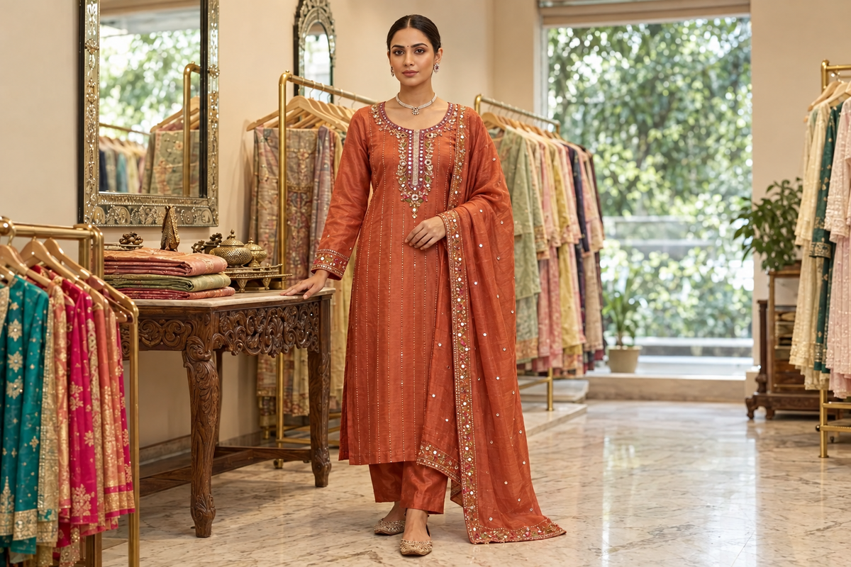Rust Orange Silk Kurta Set with Intricate Mirror Work & Floral Neckline