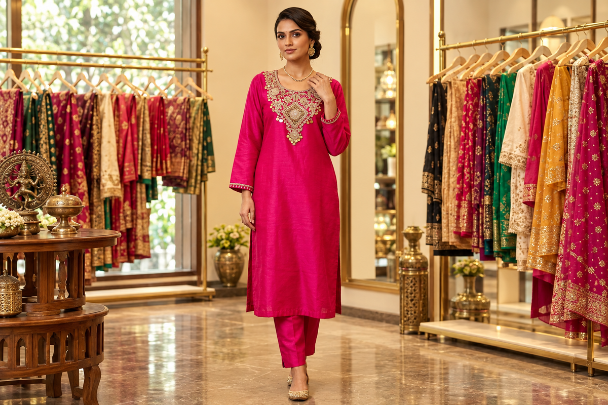 Rani Pink Hand-Embellished Silk Kurta Set with Coin & Zari Neck Yoke