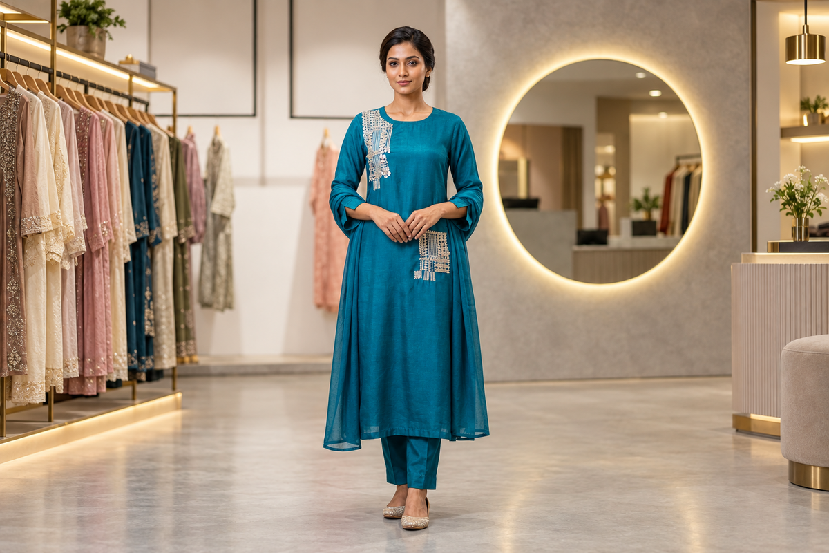 Elegant Peacock Blue Embroidered & Mirrorwork Straight Kurta Set