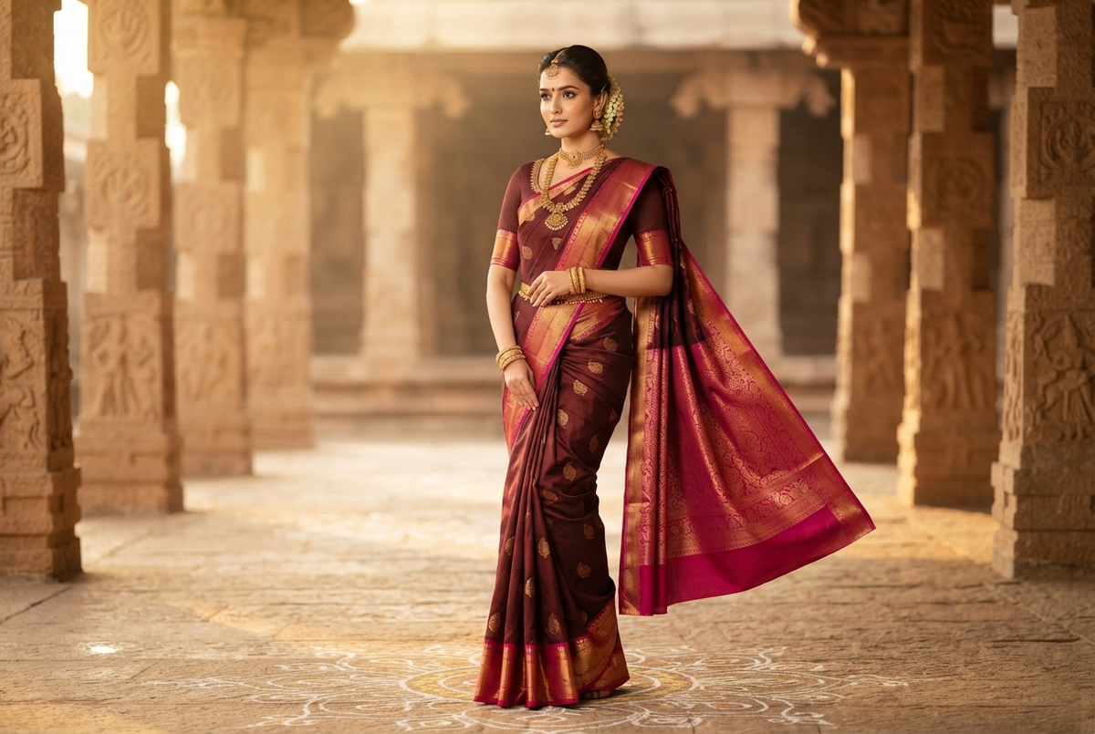 Regal Deep Maroon & Magenta Kanjivaram Silk Sari with Gold Zari Motifs